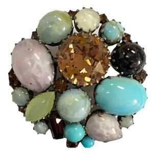 Vintage Austrian Multicolor Shapes Dome Glass Stone Silver Tone Brooch Estate